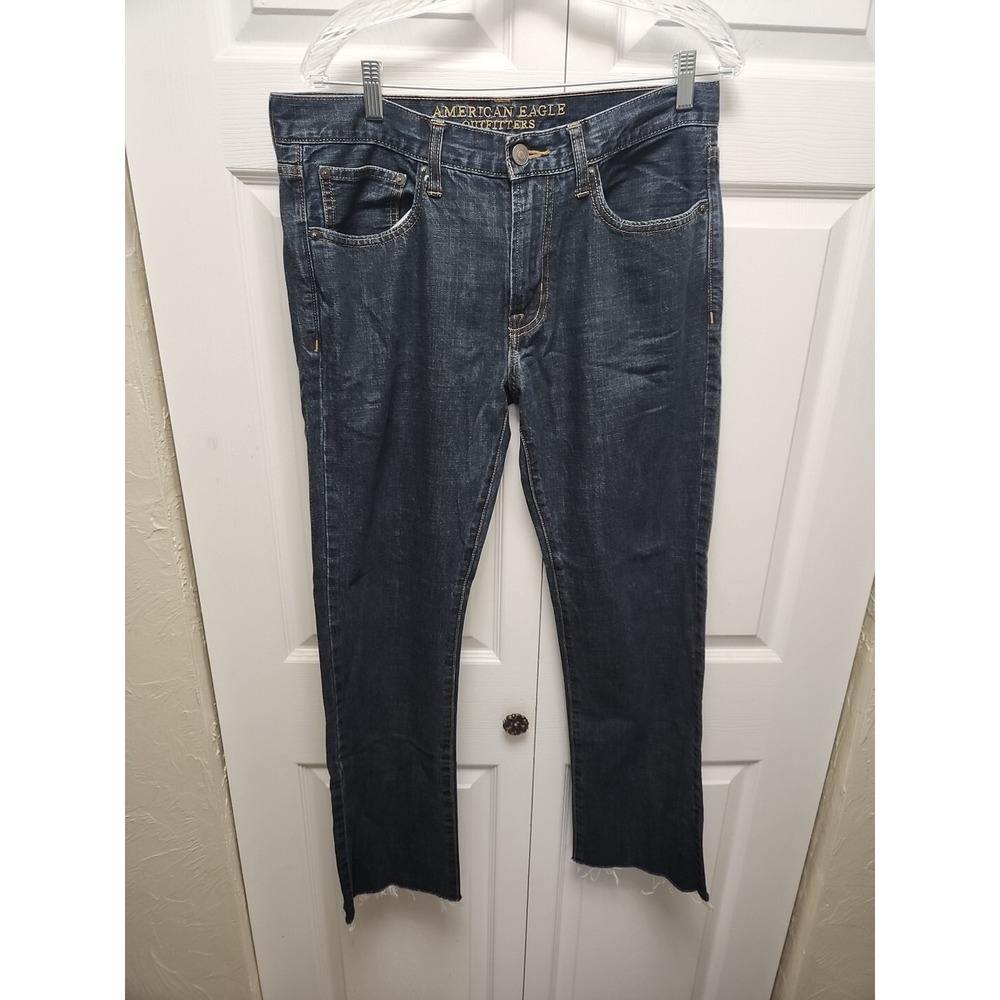 American Eagle Jeans Mens 32X29 Original Straight Leg Dark Blue‎ Denim Raw Hem